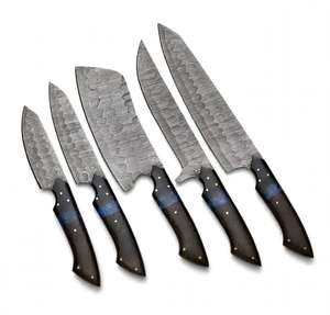 Ensemble de couteaux de cuisine en acier à motifs faits à la main, 5 pièces, manche en bois d'ébène et résine bleue, ensemble de couverts professionnels pour la cuisine - Product Image 1