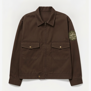 Veste de travail en toile marron pour homme avec fermeture éclair et motif patch sur la manche gauche - Product Image 1