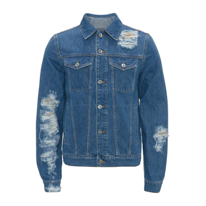 Blousons en jean déchirés bleus pour hommes, style urbain, écologiques, vente en gros, col rabattu personnalisé avec plis et poches sur le devant - Product Image 4