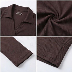 เสื้อครอปแขนยาวสำหรับผู้หญิง, เสื้อครอปแขนยาวพร้อมเข็มขัดผูกคอและชุดเล่นโยคะคอปกสองชั้นสีพื้น - Product Image 4