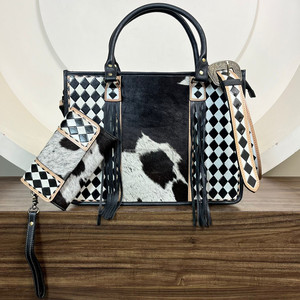 Bolsos de mano grandes de cuero a cuadros de diseñador y bolso de mano de cuero de vaca a juego, conjunto de 2 piezas - Product Image 4