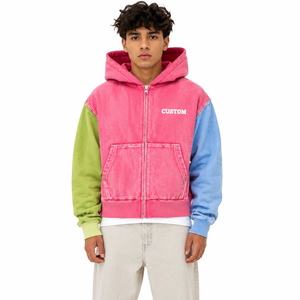 Sudadera con capucha rosa de bloque de color con lavado ácido personalizado, de forro polar grueso, con cremallera completa, mangas desmontables, convertible, estilo streetwear, corte crop y boxy - Product Image 3