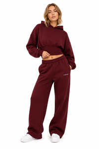 Conjunto Deportivo de Sudadera Corta con Capucha y Pantalones Anchos de Forro Polar para Mujer, Color Marrón Chocolate, Bordado Personalizado, Directo de Fábrica, para Otoño e Invierno - Product Image 4
