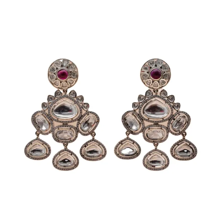 Nuovo Designer Big Kundan Polki Stones orecchini classici in argento Sterling 925 in vendita con perno in pietra rossa dall'india
