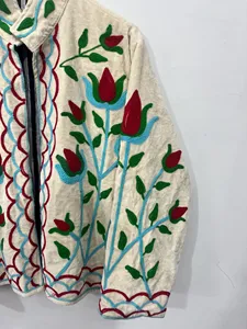 <b>Women</b>’s Boho Suzani Embroidered Cotton Jacket Colorful Floral Embroidery Stand Collar Long Full Sleeves Winter Open Front <b>Coat</b> - Product Image 2