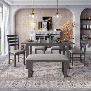 Set da Pranzo Familiare in Legno Massello 6 Pezzi: Tavolo Rettangolare e 4 Sedie con Panca - Product Image 1
