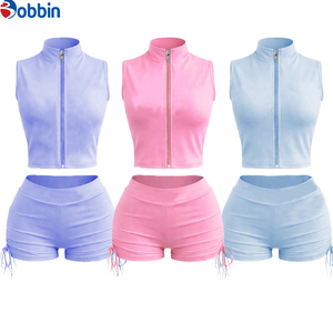 Conjunto de 2 Piezas de Chaqueta Corta y Pantalones Cortos Deportivos Casuales de Moda Hip Hop, Ajustados, de Spandex/Poliéster, con Cierre, para Mujer, Verano - Product Image 2