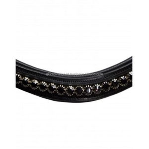 Full Stitched High Quality Black Leather Padded Brow Band with Black Shiny Floral Crystals Metal <b>Chain</b> All Sizes Available - Product Image 2
