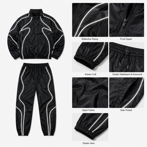 Ensemble de survêtement unisexe léger en nylon avec bandes réfléchissantes, fermeture éclair intégrale, style sportif, pour l'automne, coupe classique, taille adulte - Product Image 2