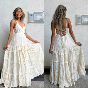 Wholesale Custom Womens <b>Spaghetti</b> <b>Strap</b> Boho Maxi Dress V Neck Tiered Ruffle White Organic Cotton Eco-Friendly Summer Beach Wear - Product Image 6