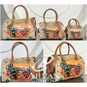 Bolsa de Viaje de Cuero Vacuno Genuino, Diseño Cactus Sunset, Grande y Moderna, Tipo Duffel, para Fin de Semana, Unisex - Product Image 1
