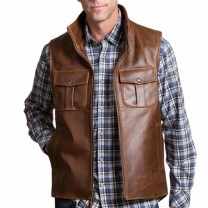 Chaleco de Cuero Marrón para Hombre, Cuello Alto, Cierre de Cremallera, Estilo Workwear, Ropa de Otoño, Corte Regular, con Bolsillos - Product Image 1