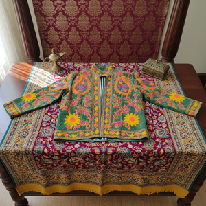 Green Floral Embroidered Bomber Jacket Orange Yellow Needle <b>Work</b> Coat <b>Stand</b> Collar Long Sleeves Side Pockets Women Casual Wear - Product Image 4