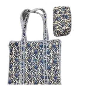 Bolsa de Mano Premium con Diseño Floral Estampado en Bloque de Jaipur en Azul y Blanco + Set de Neceser a Juego con Cierre de Cremallera, Paquete de Regalo para Toda Temporada - Product Image 1