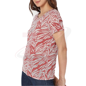 เสื้อยืดแขนสั้นคอกลมลายใบไม้สีแดงขาวสำหรับผู้หญิง สไตล์ลำลอง ผ้าถักระบายอากาศ ใส่ได้ทั้งฤดูใบไม้ผลิและฤดูร้อน - Product Image 4