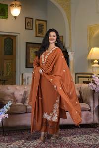 <b>Women's</b> Light Brown Cotton Embroidered <b>Kurta</b> With Pant & Dupatta Set Regular Fit Ankle Length Traditional Indian Pakistani Style - Product Image 2