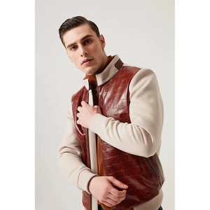 Blouson Bomber en Cuir Gaufré Croco pour Homme, Col Montant, Fermeture Éclair, Style Décontracté Hiver Automne - Product Image 1