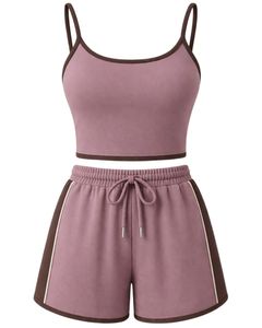 Dusty Rose Brown Women Camisole And Shorts <b>Set</b> Summer Two Piece Outfit Cotton Blend Crop Top Drawstring Shorts Casual Lounge <b>Set</b> - Product Image 1