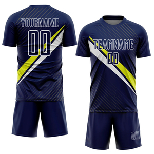 Conjunto de Camiseta de Fútbol Sublimada Personalizada, Azul Marino, Amarillo y Blanco con Rayas Diagonales, Absorbe la Humedad, Manga Corta, Unisex, para Adultos - Product Image 1