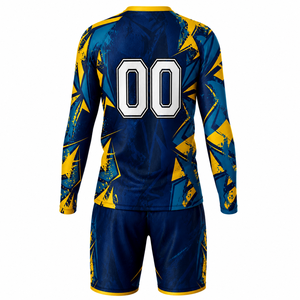 Conjunto de Uniforme de Portero de Fútbol Personalizado, Camiseta de Fútbol de Manga Larga Azul Marino y Amarillo, Pantalones Cortos - Product Image 2