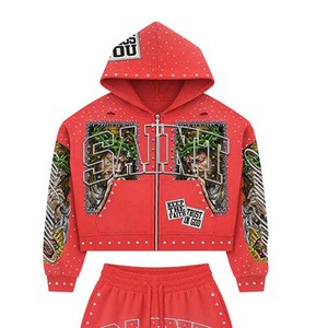Ensemble short et sweat à capuche rouge pour homme Saint Men's, imprimé numérique, streetwear, tenue deux pièces avec motif Jésus et fermeture éclair sur le devant - Product Image 3