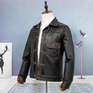 เสื้อแจ็คเก็ตหนังแท้สำหรับผู้ชาย ตกแต่งด้วยการเย็บแบบคอนทราสต์ ติดกระดุมด้านหน้า สวมใส่สบายๆ - Product Image 5