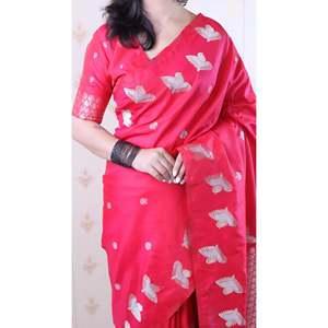 Châle en soie rose douce tissé double Zari Elite Weaves avec bordure à motif oiseau, élégant et féminin - Product Image 5