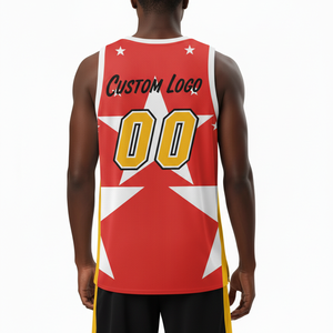 Maillot de basket-ball personnalisé sublimé pour homme, sans manches, motif étoile rouge et blanc, col en V, respirant, en polyester, vêtements de sport - Product Image 3