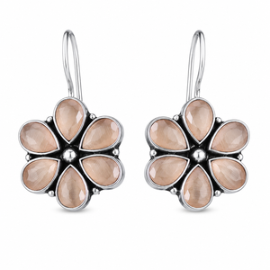 MOQ Available Champagne Cat Eye Stone Floral Hook Earrings for Women | <b>Oxidized</b> Silver Brass Boho Jewelry Supplier - Product Image 1