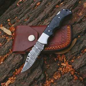Handmade Damascus Steel Folding Knife with Colored Wood Handle <b>Back</b> Lock Pocket Knife with Leather Sheath for Hunting Camping - Product Image 5