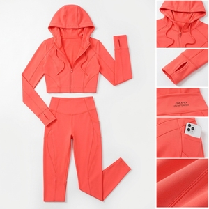 Ensemble de yoga pour femme, sweat à capuche corail zippé, haut court à manches longues, leggings taille haute, tenue de sport, fitness, entraînement, ensemble deux pièces - Product Image 3