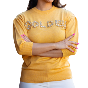   Suéter Amarillo Dorado de Manga Corta para Mujer, Jersey Bordado con Letras Griegas, Cuello Redondo, Estilo Casual, Venta al Por Mayor - Product Image 1