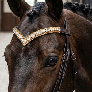 HM GLOBAL Premium Teal Blue Gold 5 rangées de cristaux en forme de V profond, frontale en cuir de cheval, bride de dressage ornée de strass - Product Image 5