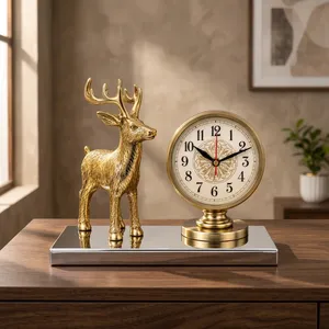 Metal Deer Figurine with Vintage Table <b>Clock</b> on <b>Mirrored</b> Metal Base Antique Brass Finish Home Decor Showpiece - Product Image 5