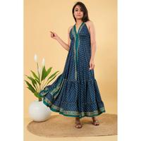 Robe longue Lavinas vintage en soie tissée pour femme, col halter, lavable, imprimé floral, taille élastique, dos nu, coupe trapèze, idéale pour la plage