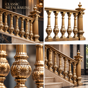 Balustrade d'escalier en bronze régale avec colonnes cannelées sculptées, motifs floraux en relief et poteaux décoratifs à embouts ornementaux - Product Image 5