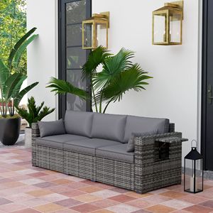 Divano a 3 Posti in Vimini Grigio Misto con Cuscini Posteriori Spessi 15 cm e Vassoi Laterali per Patio Esterno e Luoghi Sportivi - Divano con Seduta Profonda - Product Image 2