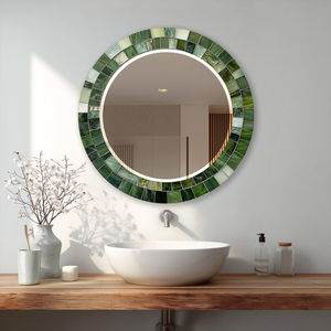 Miroir mural rond de luxe en mosaïque verte avec cadre géométrique vert forêt émeraude, miroir décoratif moderne pour le salon - Product Image 2