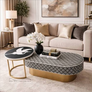 โต๊ะกาแฟทรงรีสีดำลายกระดูกสัตว์แบบโมเดิร์น ตกแต่งด้วยลายเรขาคณิตและฐานทองเหลือง มีจำหน่ายในราคาขายส่ง - Product Image 1