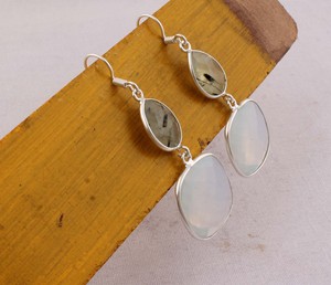 Boucles d'oreilles multi-pierres en préhnite naturelle et opalite, en argent sterling 925, facettées, forme goutte et coussin, bijoux en gros - Product Image 6