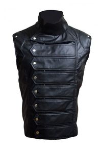<b>Men's</b> <b>Black</b> genuine Leather Moto <b>Vest</b> Stand Collar Solid Color Button Closure Regular Length Outerwear - Product Image 2