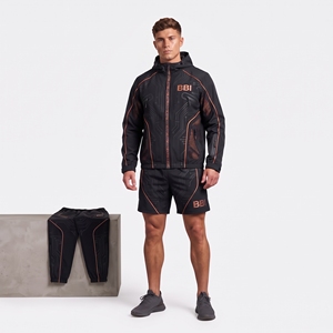 Conjunto Deportivo Personalizado de 3 Piezas para Hombre, Chaqueta con Capucha, Pantalones Cortos Deportivos y Pantalones de Chándal Ajustados, con Estampado de Circuito Impreso en Bronce Negro, para Verano - Product Image 5
