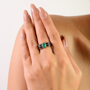 Best Selling Oval Shape <b>Emerald</b> & Princess Cut Blue Sapphire Statement Fine 925 <b>Silver</b> Double Layer Unisex <b>Ring</b> - Product Image 4