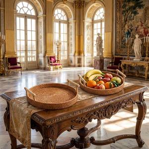 Plateau de service élégant en rotin rond avec poignées en bambou, parfait pour la mise en scène de table, l'accueil des invités et l'arrangement des repas, provenant d'Inde. - Product Image 6