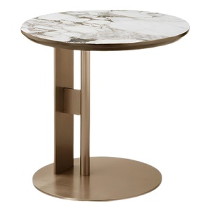 Artisan Modern Round <b>White</b> Marble Coffee <b>Table</b> Gold Brass Fluted Pedestal Base Living <b>Room</b> Side <b>Table</b> - Product Image 2