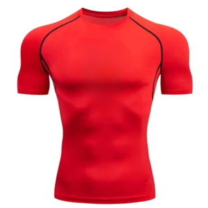 T-shirt de sport pour homme, rouge, à manches courtes, coupe ajustée, séchage rapide, tricoté, col rond - Product Image 1