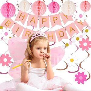Set Decorativo per Festa di Compleanno Rosa - Striscione 'Happy Birthday' con Palline a Nido d'Ape - Product Image 2