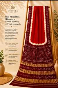 Culture Threads Pure Modal Silk 3D <b>Saree</b> With Bandhej And Triple Tissue Pallu <b>Red</b> Green White - Product Image 2