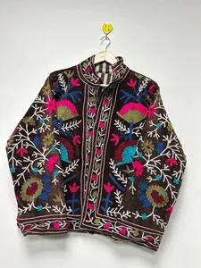Veste Bohème de Luxe Broderie Suzani pour Femme, Col Montant, Motif Floral, Faite à la Main, Coton Velours, Ouverte sur le Devant, Style Décontracté et Tendance - Product Image 2