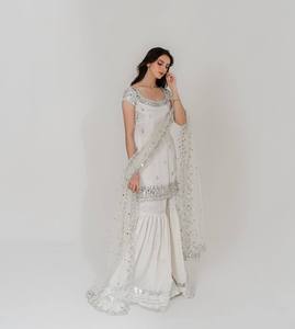 Conjunto de Salwar Kameez de Satén Tejido con Lentejuelas Blancas Bordadas, Vestido Formal para Mujer con Dupatta, Traje para Bodas y Festivales - Product Image 1